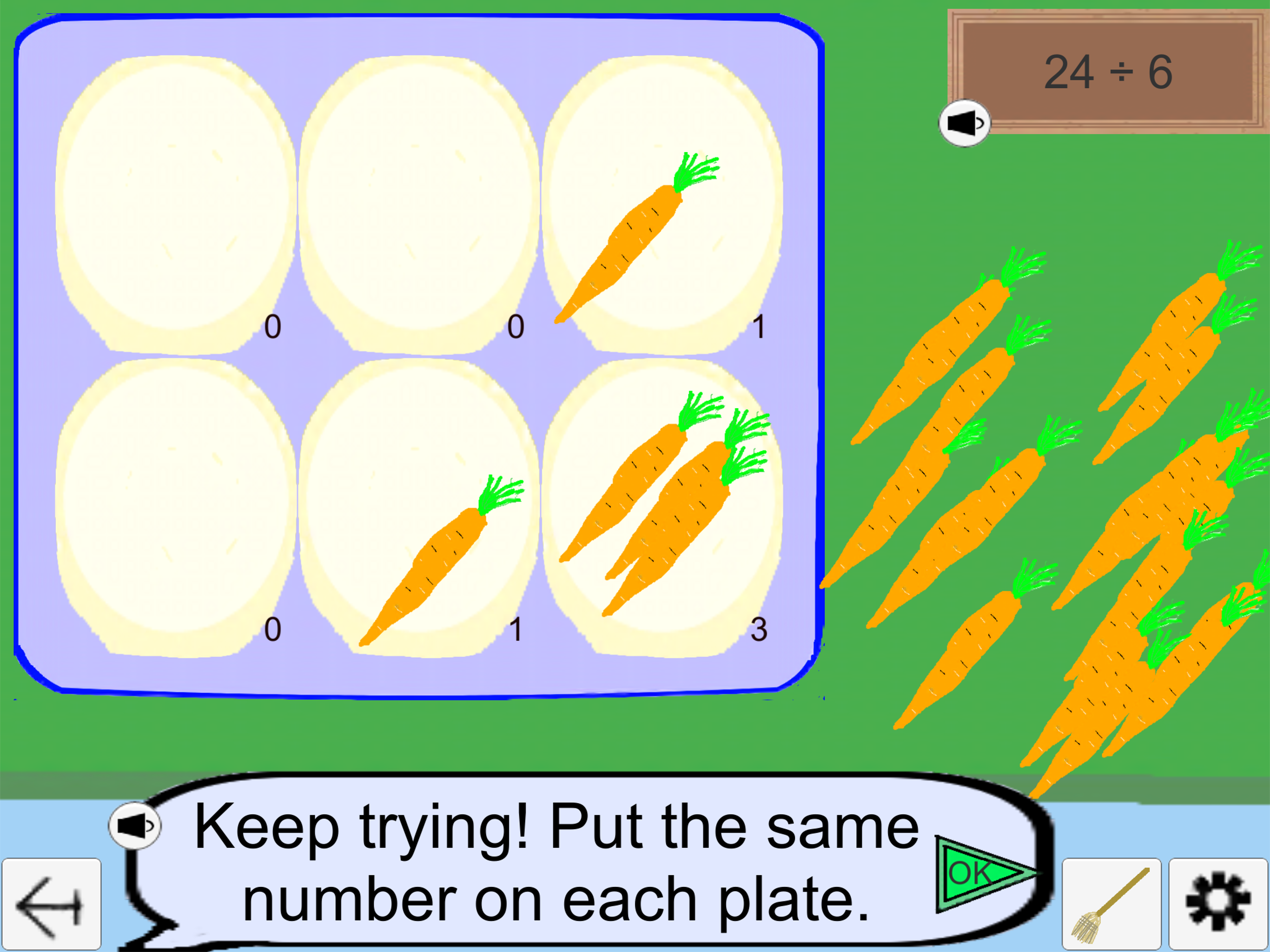 Screenshot showing plates, carrots and a speech bubble saying 'Keep Trying. Put the same number on each plate'