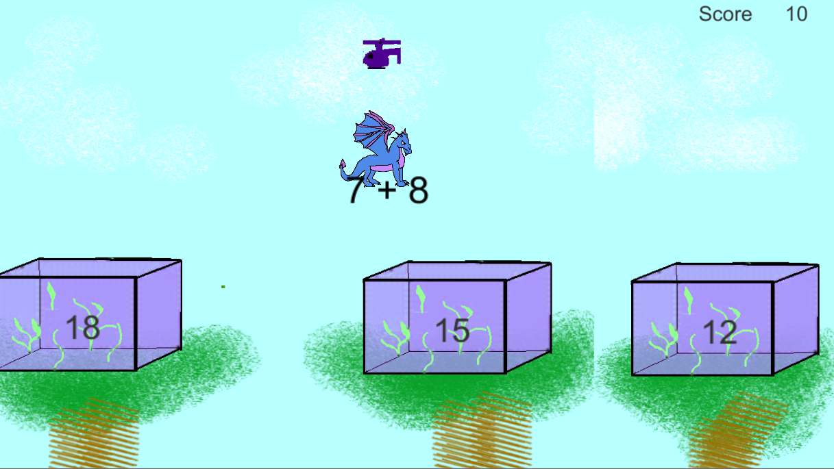 aquaria sitting on cartoon trees with numbers.  Helicopter carrying a dragon labeled 7+8