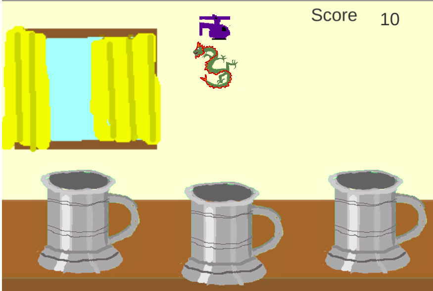 a game screenshot showing a giant table with gray mugs and a small helicopter towing a dragon
