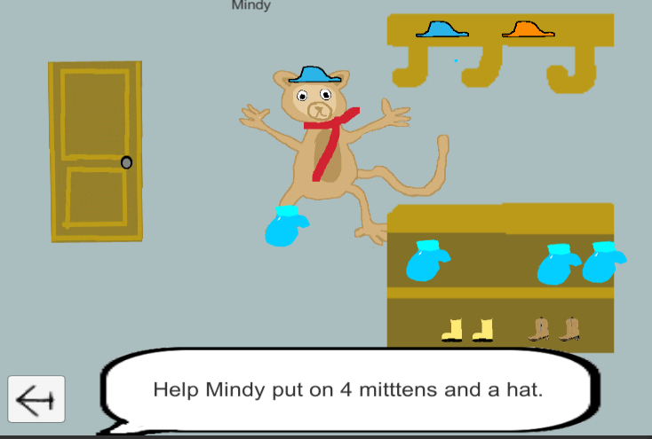 Screenshot with a monkey wearing a mitten and a hat, a door, a hat stand and shelf unit holding boots and mittens.  A speech bubble says 'Help Mindy put on 4 mittens and a hat'
