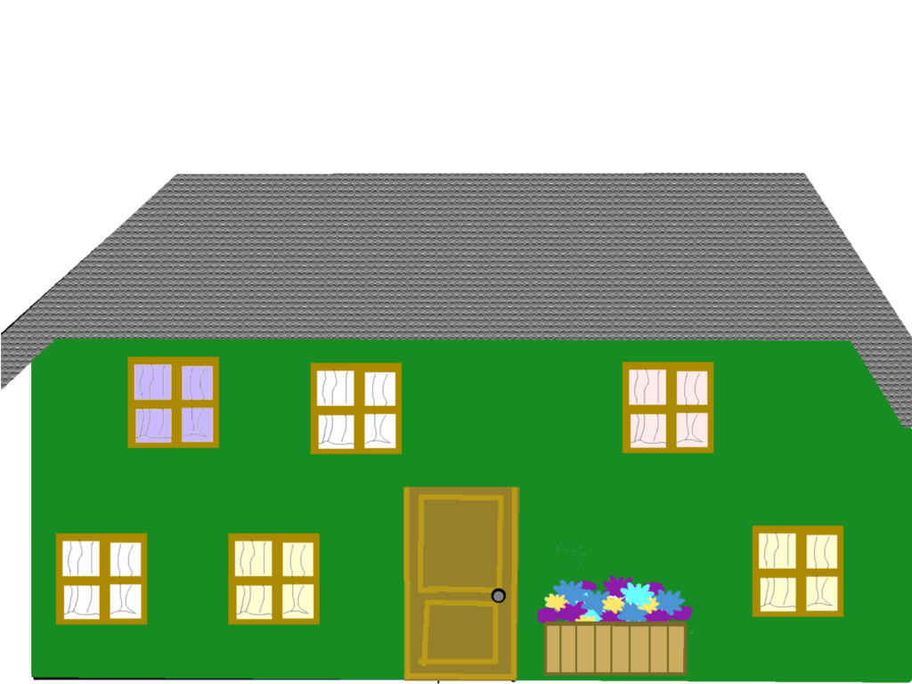 a green cartoon house with many windows