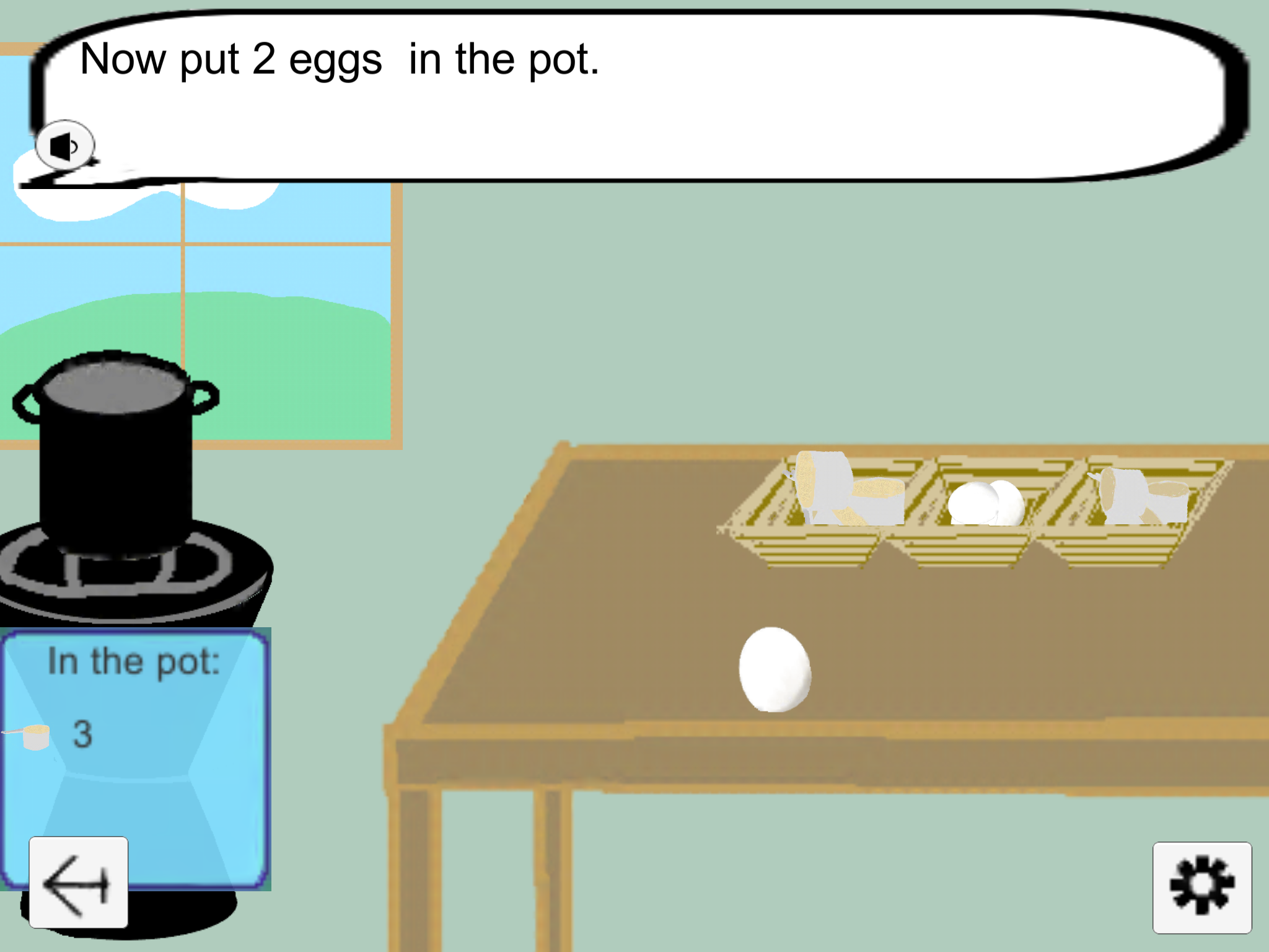 Screenshot showing a black kettle on a burner and a table with ingredients layed out. A speech bubble says 'Now pub two eggs in the pot'.
