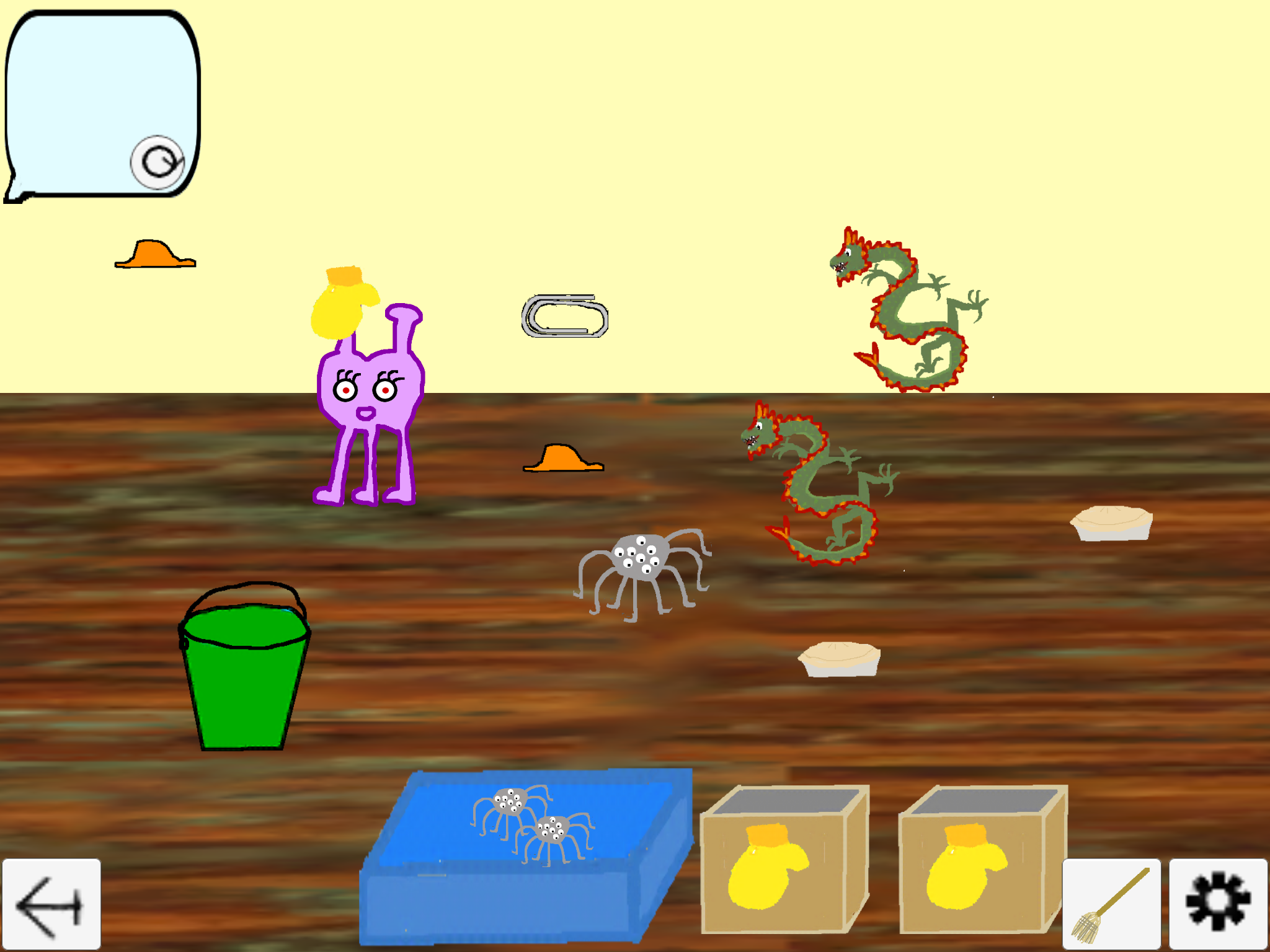 Screenshot showing an assortment of counters, boxes and a green bucket.