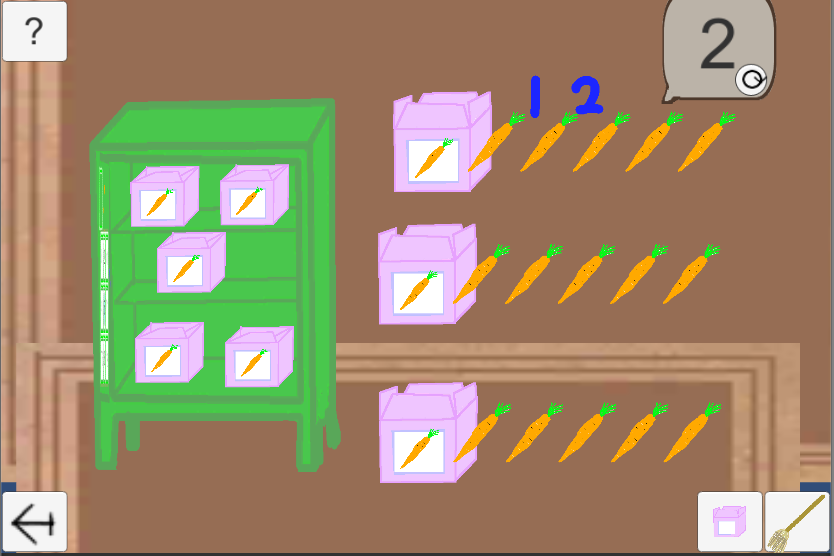 a green cabinet full of pink boxes. Several empty boxes with rows of carrots next to them.