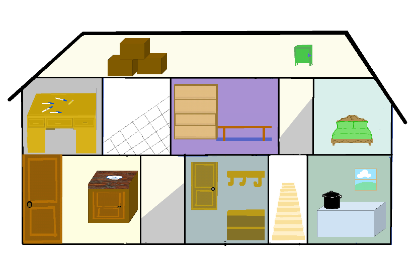 a side view cutout of a house showing rooms on two floors