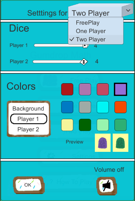 screenshot of settings menu in Gumdrop Math