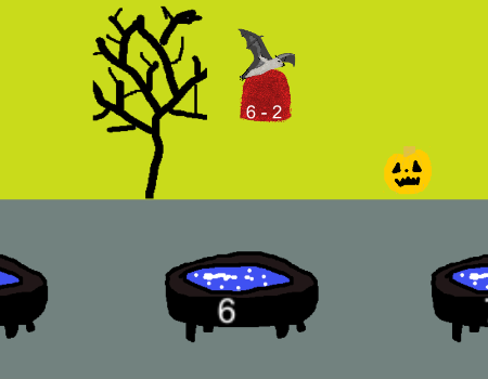 cauldron, dead trees, a jack-o-lantern, a bat