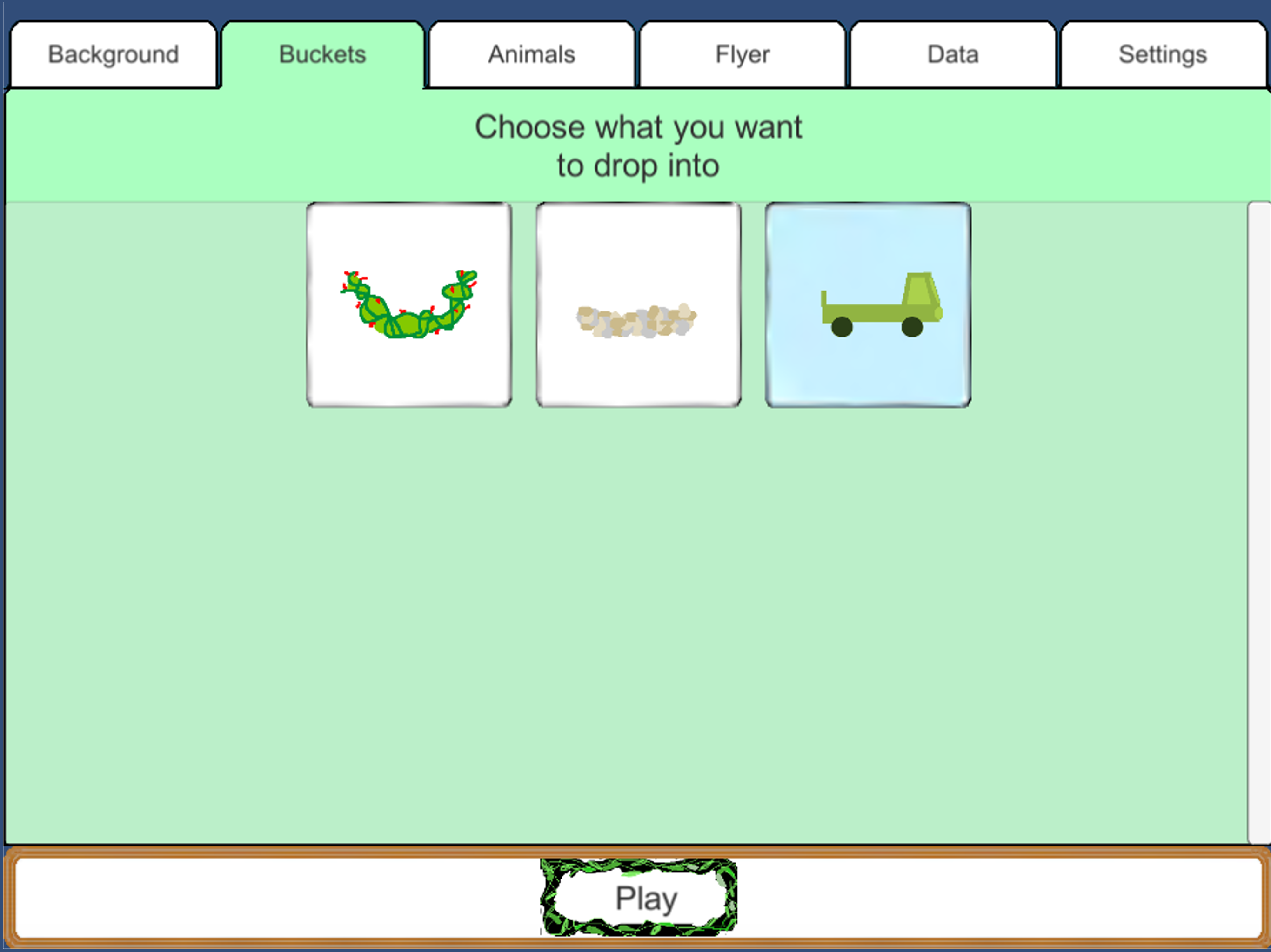 menu showing basket, rock pile or truck in squares