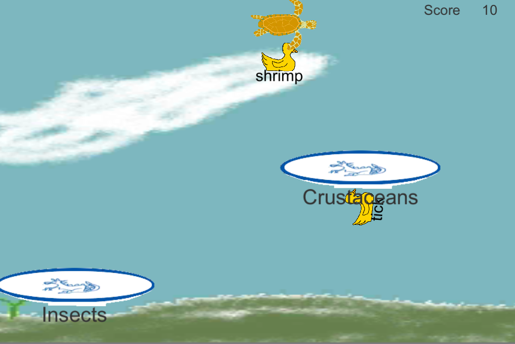 scene with hills, cloud, giant floating plates and a seaturtle flying by carrying a rubber duck