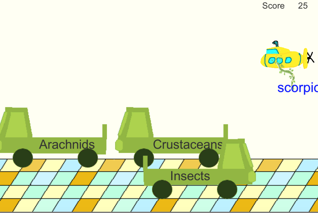 green trucks driving over a tile floor. A submarine flying overhead carrying a ribboned pipefish