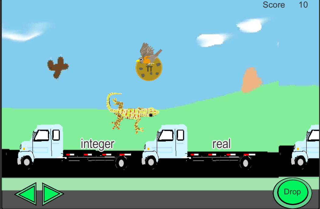 Game screenshot.  Press to play. (Trucks labeled 'integer' and 'real' driving past a giant lizard. Bird flying by carrying a giant cookie with the greek letter pi)